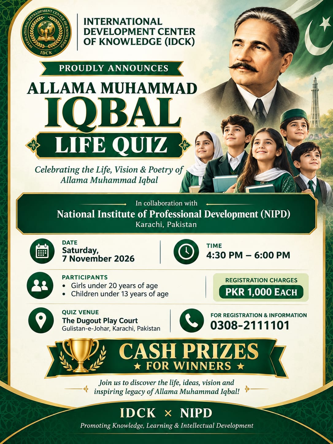 Allama Muhammad Iqbal Life Quiz 2026 Official Flyer - IDCK x NIPD